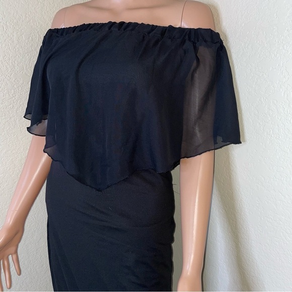 French Atmosphere dress black body con chiffon ruffle top off the shoulder SZ L - Picture 7 of 11